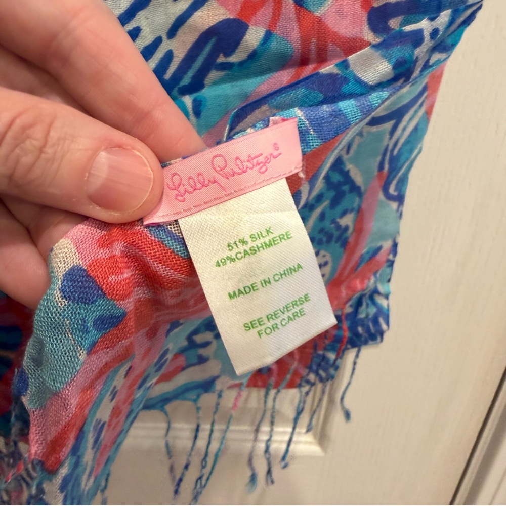 Lilly Pulitzer She Shell Murfee Scarf Silk Cashmere Tassel Blue Starfish Fringe - Picture 4 of 8